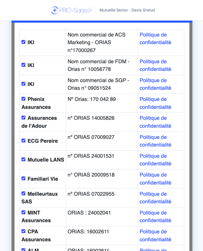 La liste des partenaires destinataires, accessible en un clic depuis le texte d'opt-in.